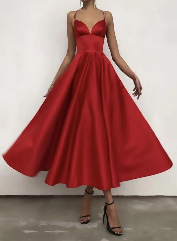 Women's Seasonal Apparel Parisian Effortless Chic Style Red satin short A line prom dress red evening dress   cg15675