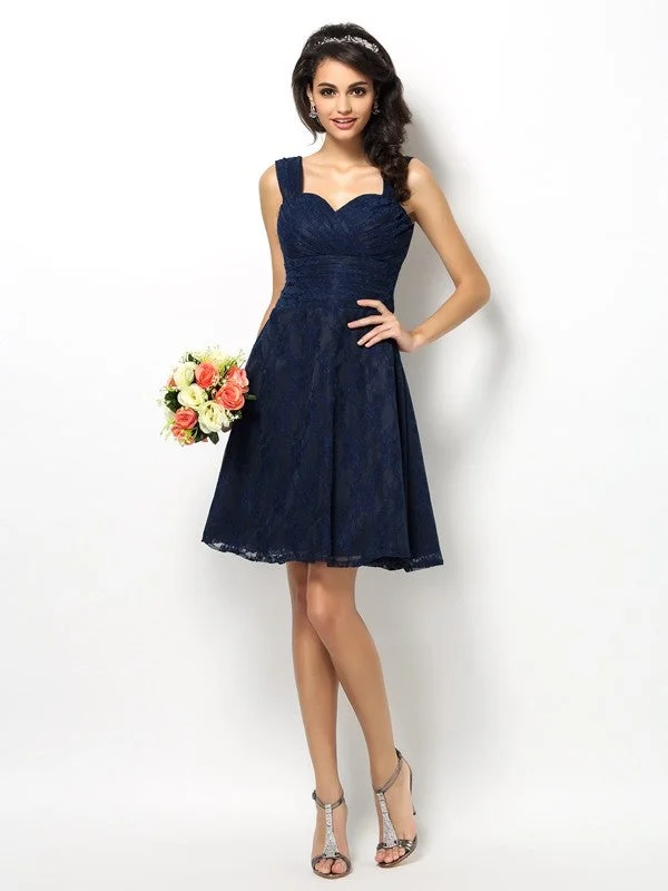 Women's Luxury Garments Elegant Contour A-Line/Princess Straps Lace Sleeveless Short Bridesmaid Dresses