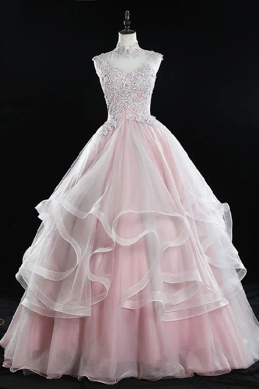 Women's Trendy Garments Pink Tulle Lace High Neck Long Senior Prom Dress, Lace Up Prom Gown cg4739