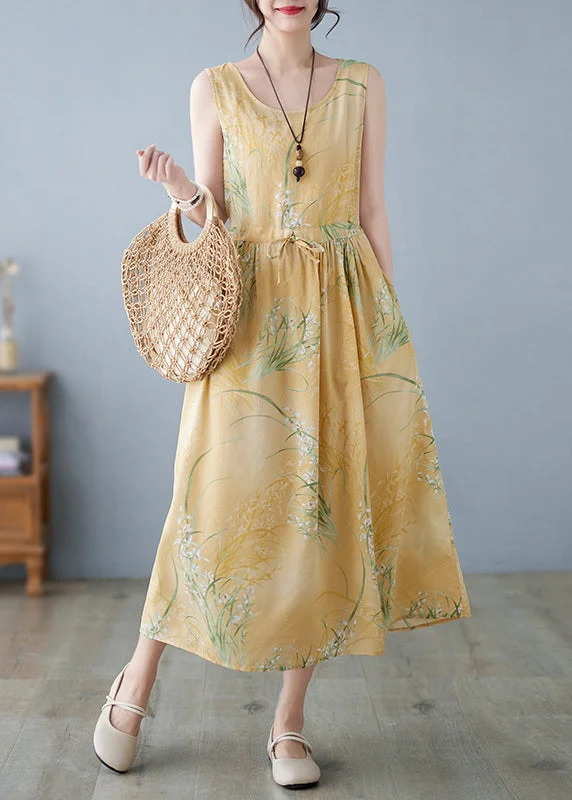 Women's Holiday Attire Today Only New Yellow Print Lace Up Pockets Cotton Dress Sleeveless