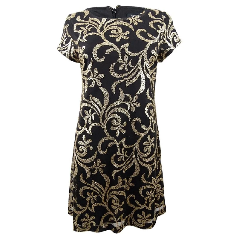 Women's Vacation Outfit Set Bold Patterns Kensie Women's Sequined Scroll T-Shirt Dress