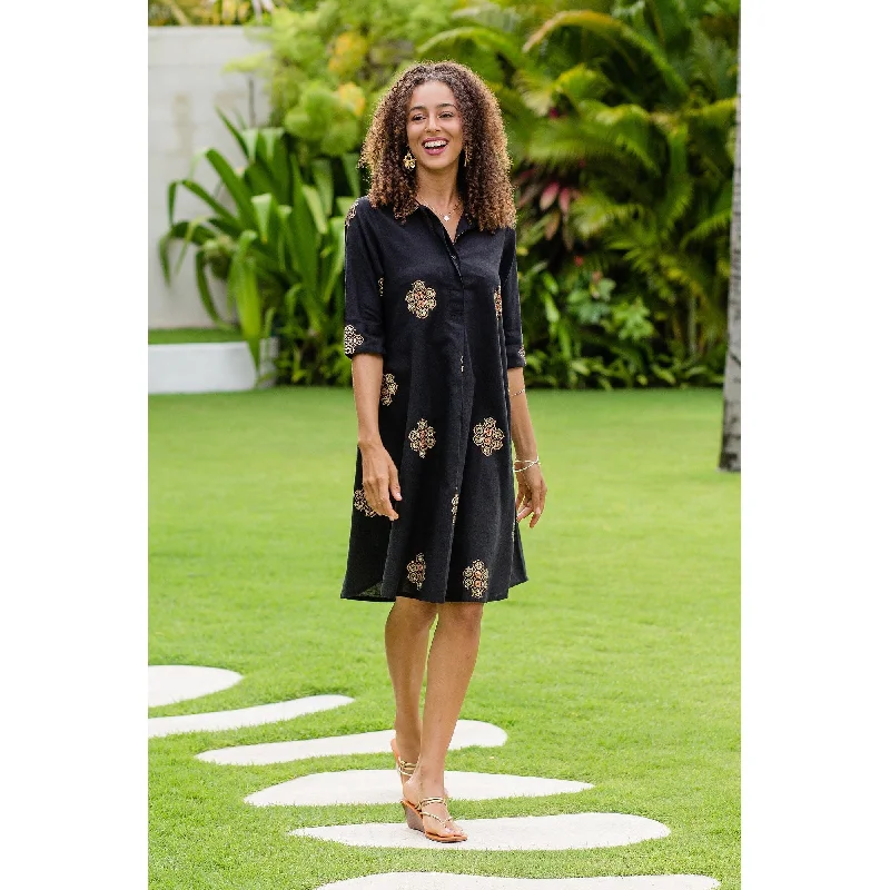 Women's Comfortable Lounge Outfit Subtle Sophistication Novica Handmade A Stich In Time In Black Block-Printed Shirt Dress