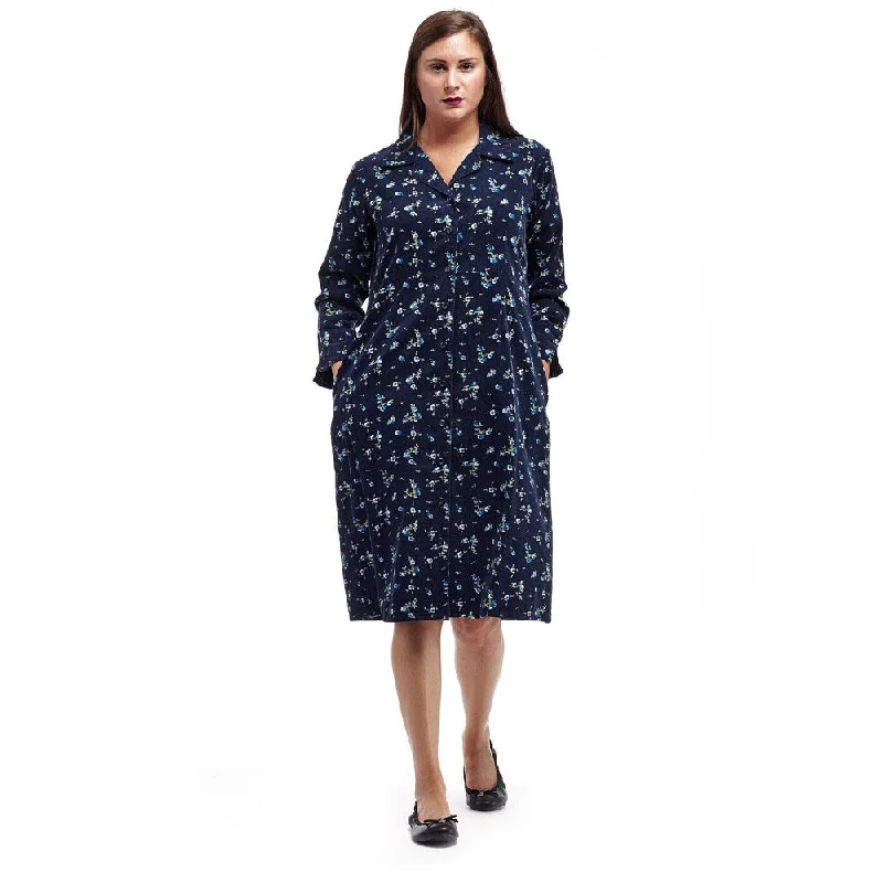 Women's Relaxed Outfit Vintage Elegance La Cera Women's Navy Cotton Button-front Corduroy Shirt Dress